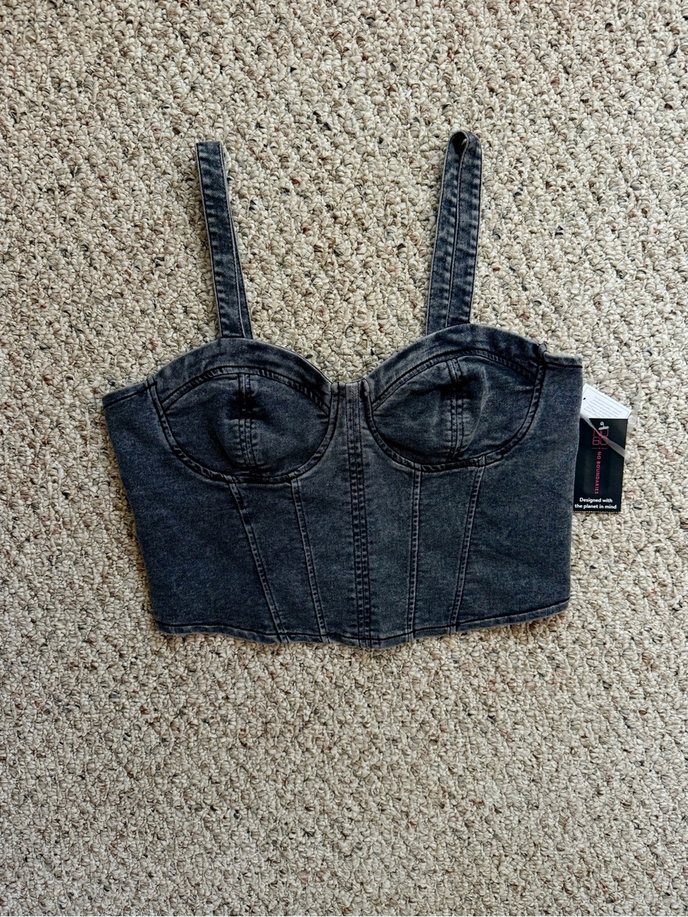 No Boundaries Juniors L 11-13 Black Acid Wash Denim Corset Bustier Crop Top NWT
